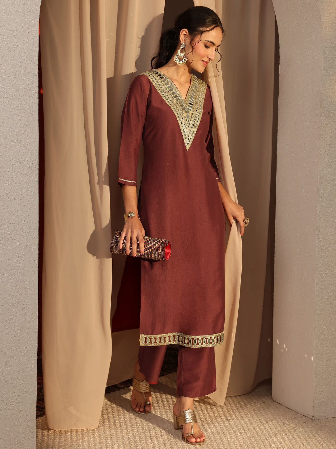 Rust Mirror Work Yoke Design Silk Blend Straight Kurta Set