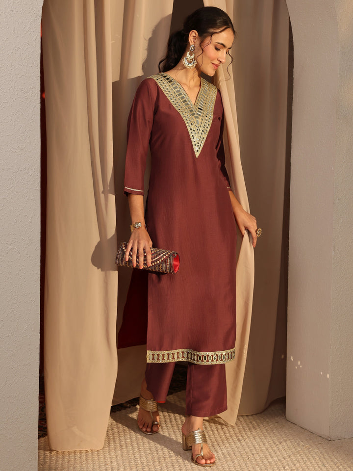 Rust Mirror Work Yoke Design Silk Blend Straight Kurta Set