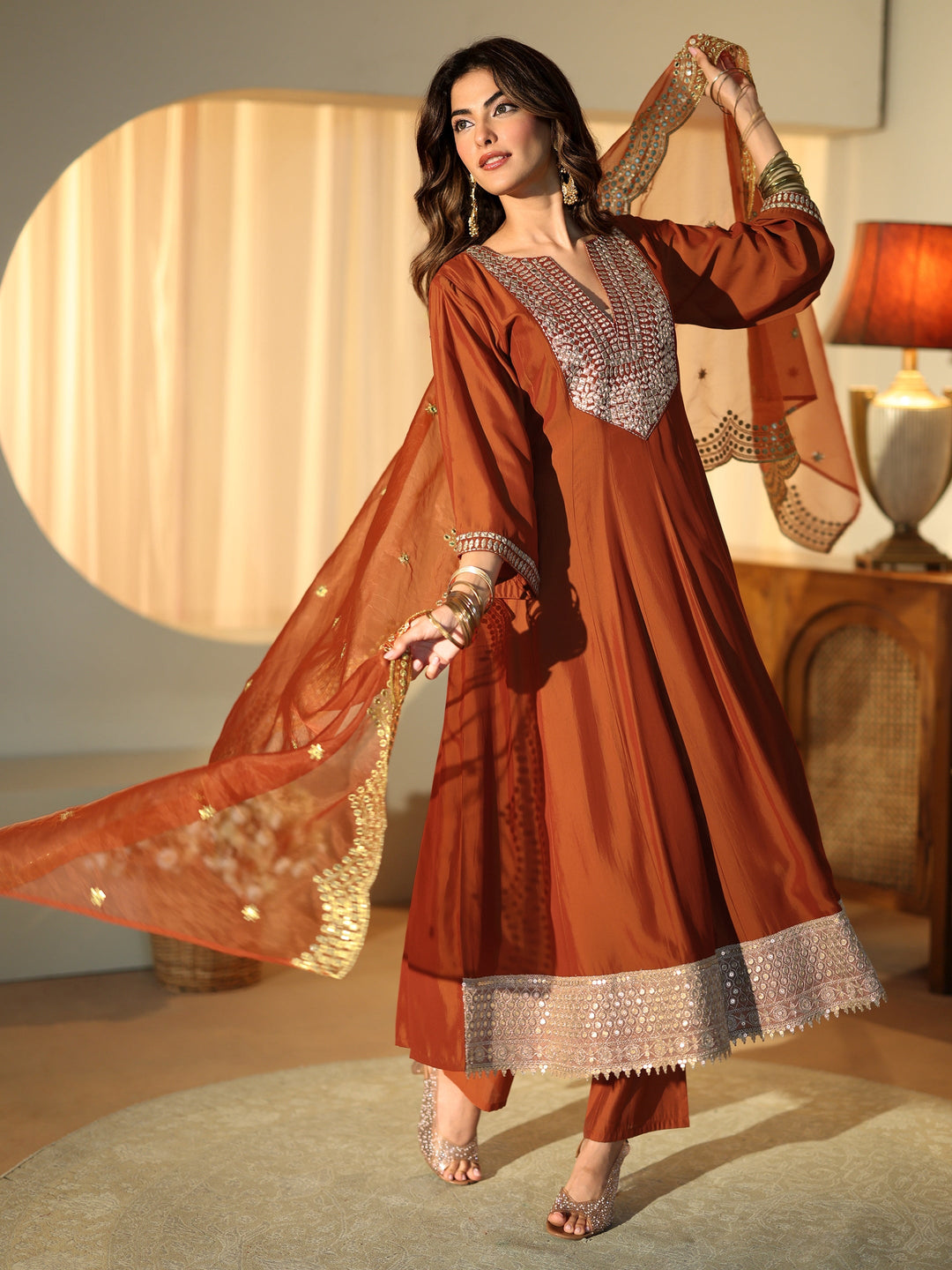 Rust Mirror Work Yoke Silk Blend Anarkali Suit Set