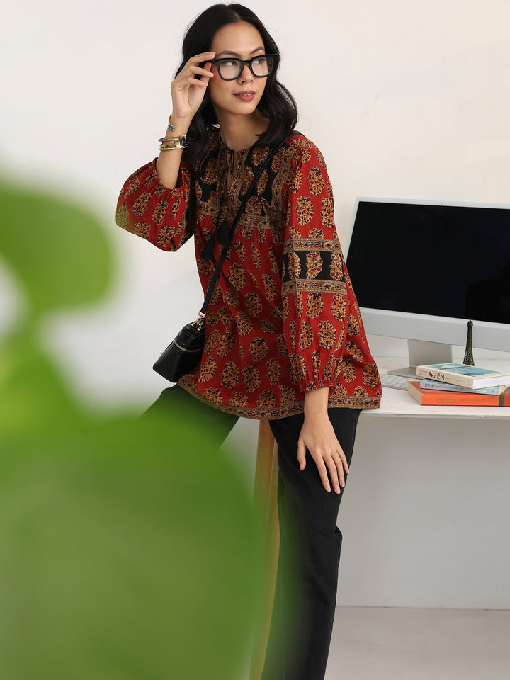 Rust Paisley Printed Cotton Straight Short Kurti
