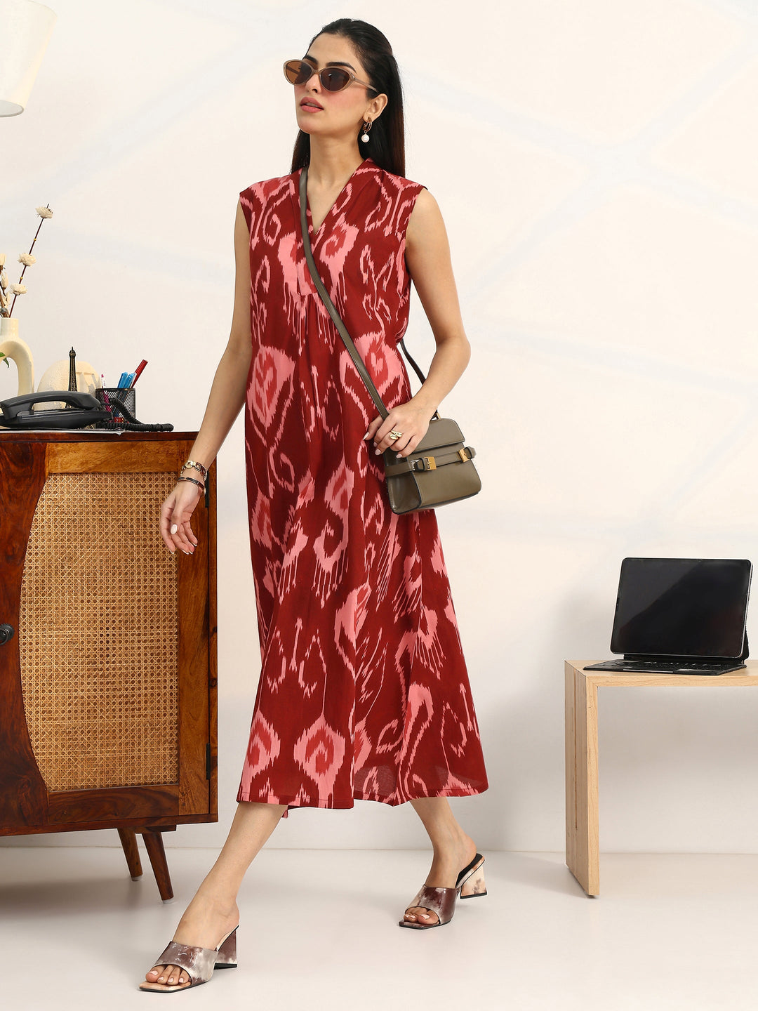 Rust Printed Cotton A-Line Sleeveless One Piece Dress
