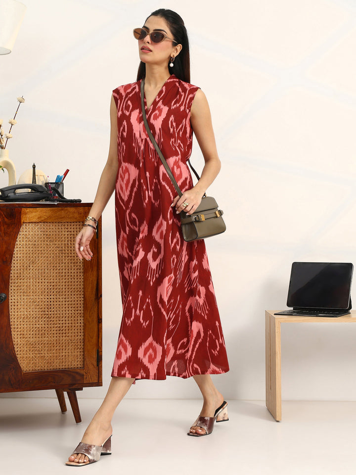 Rust Printed Cotton A-Line Sleeveless One Piece Dress