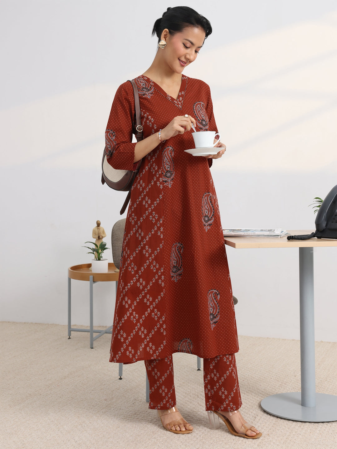 Rust Printed Cotton Blend A-Line Kurta Set