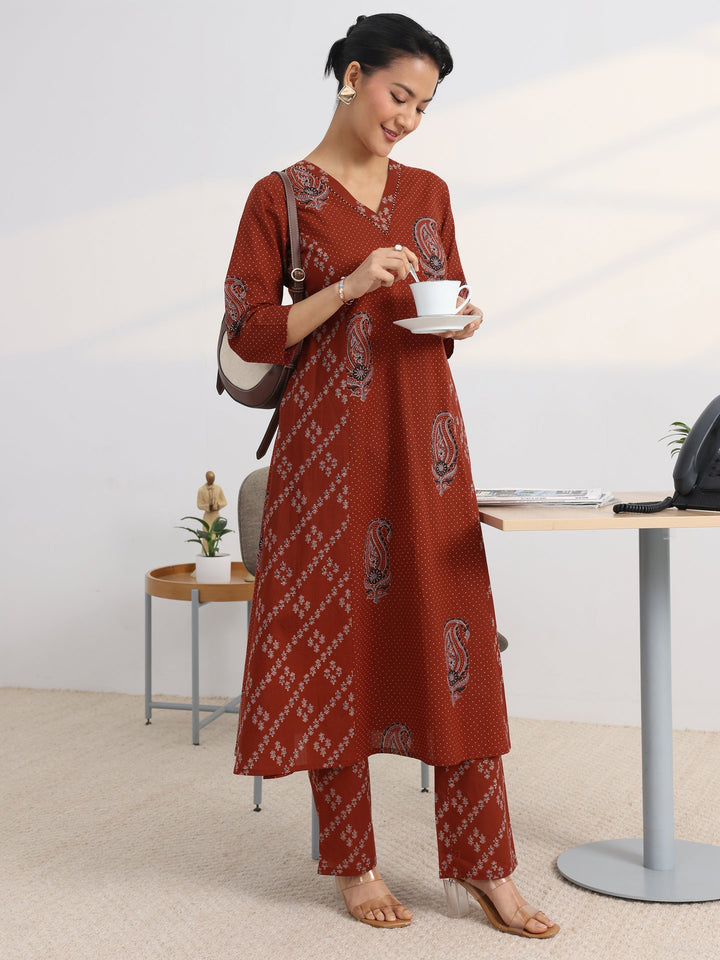 Rust Printed Cotton Blend A-Line Kurta Set