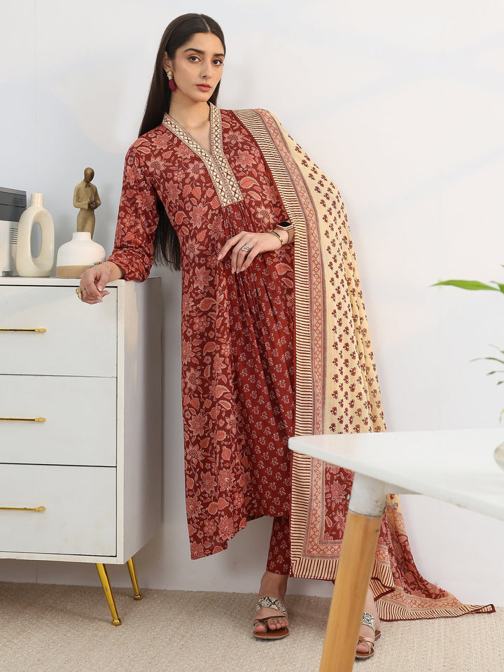 Rust Printed Cotton Blend A-Line Suit Set With Dupatta