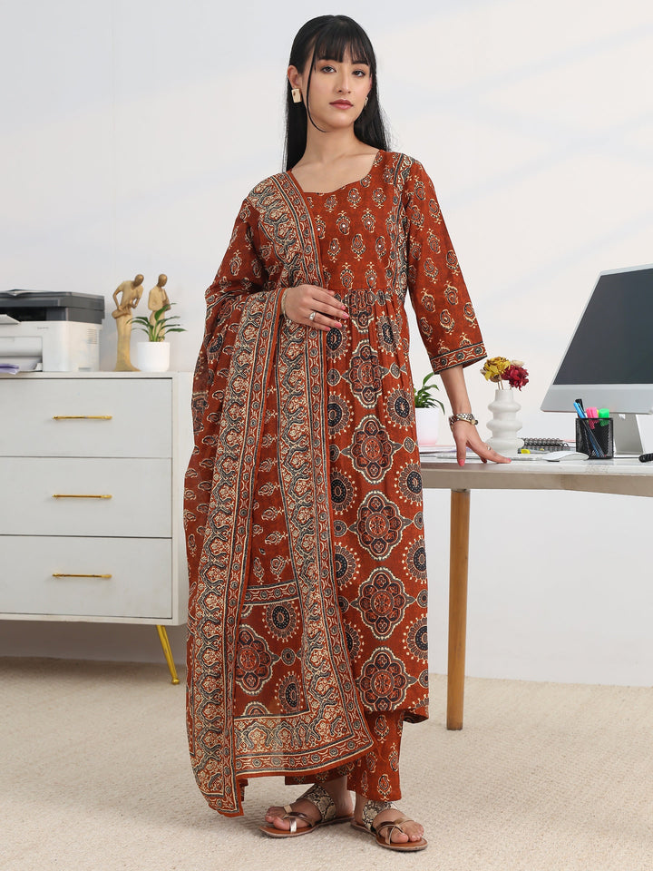 Rust Printed Cotton Blend A-Line Suit Set With Dupatta
