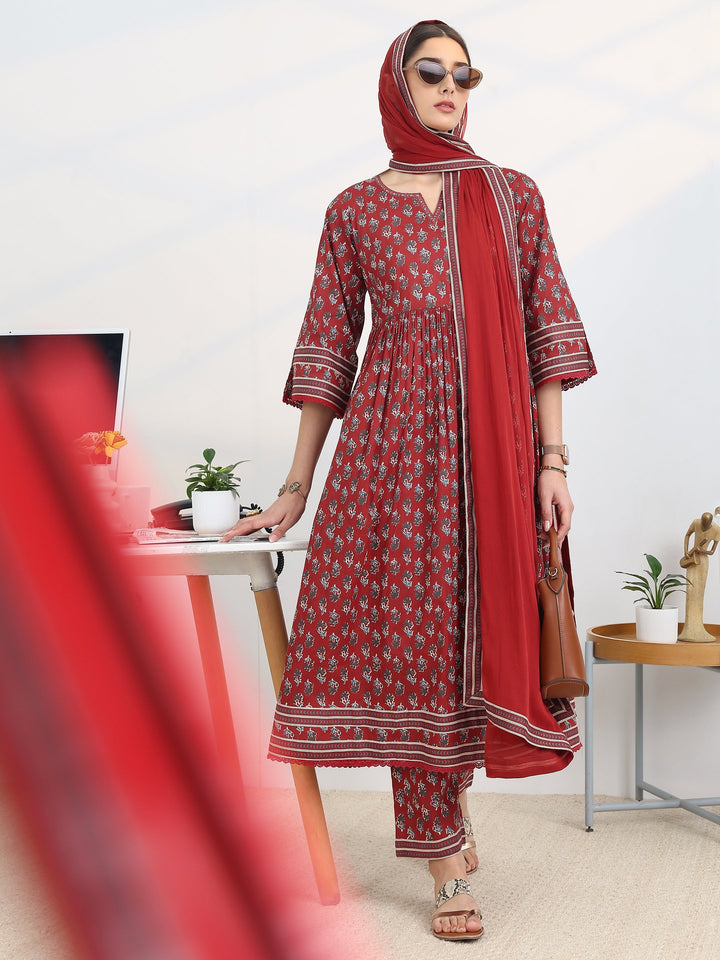 Rust Printed Cotton Blend A-Line Suit Set With Dupatta