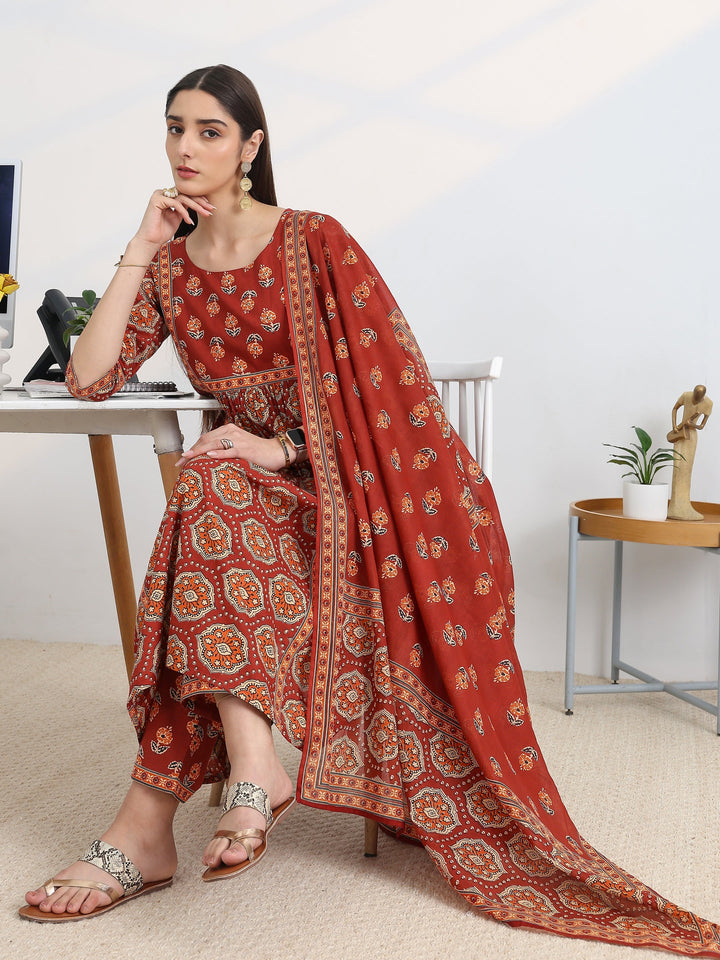 Rust Printed Cotton Blend A-Line Suit Set With Dupatta
