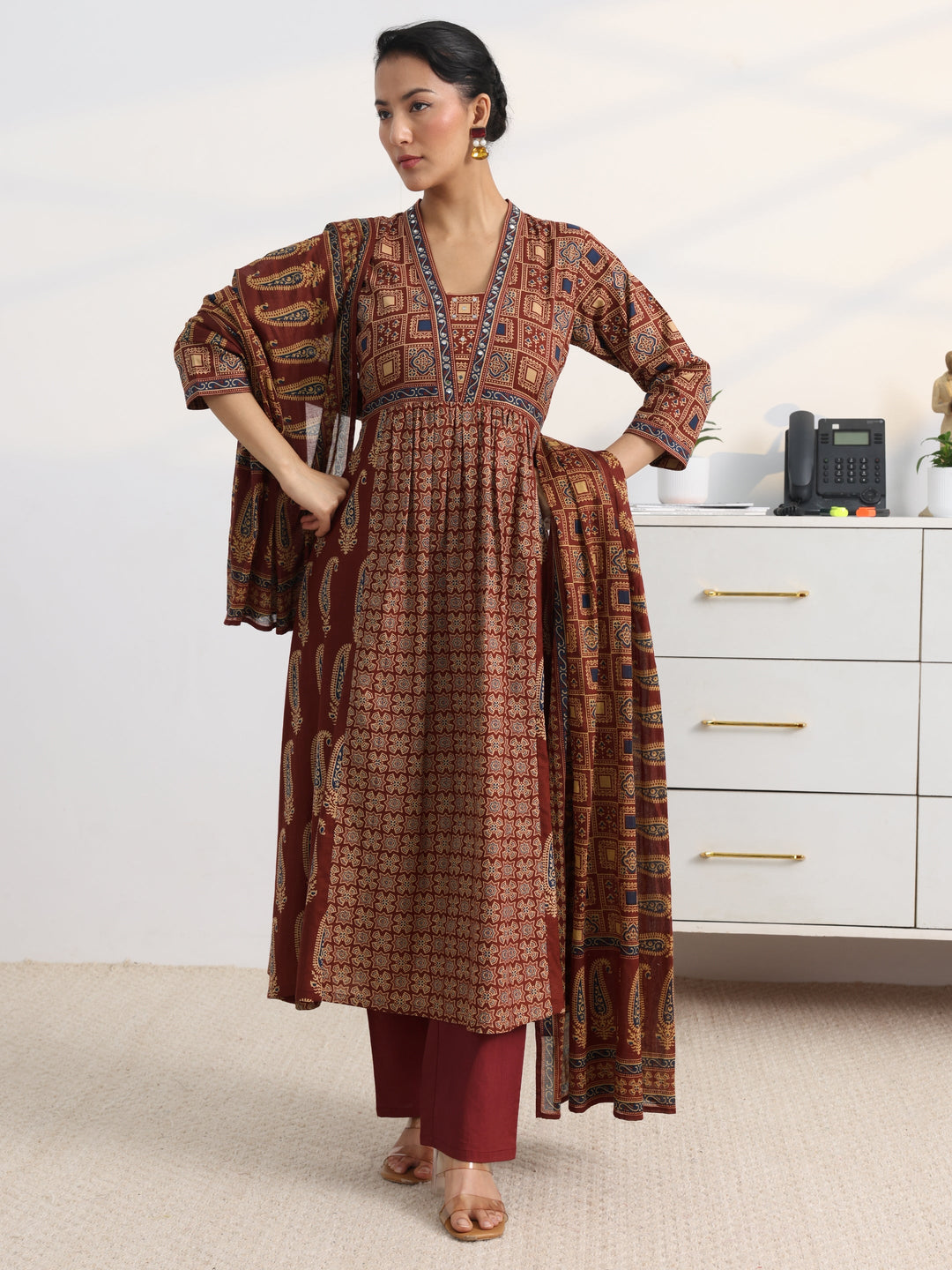 Rust Printed Cotton Blend A-Line Suit Set With Dupatta