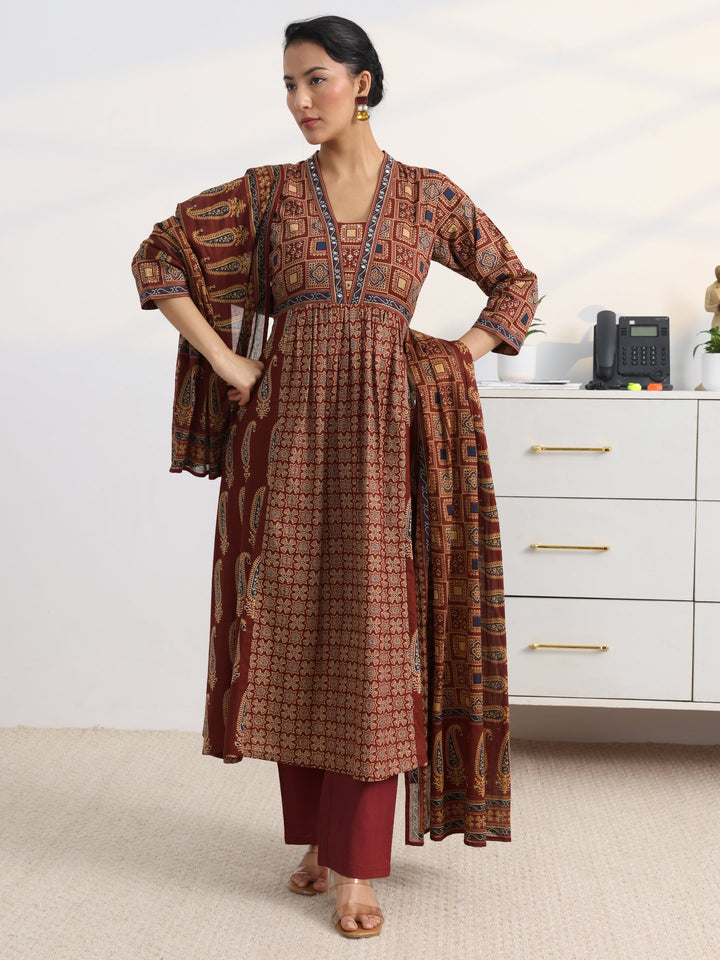 Rust Printed Cotton Blend A-Line Suit Set With Dupatta
