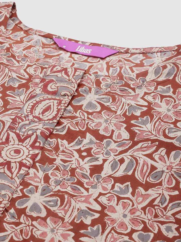 Rust Printed Cotton Straight Kurta With Salwar & Dupatta - ShopLibas