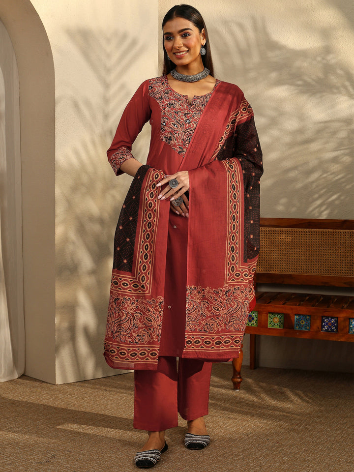 Rust Printed Cotton Straight Suit Set With Dupatta
