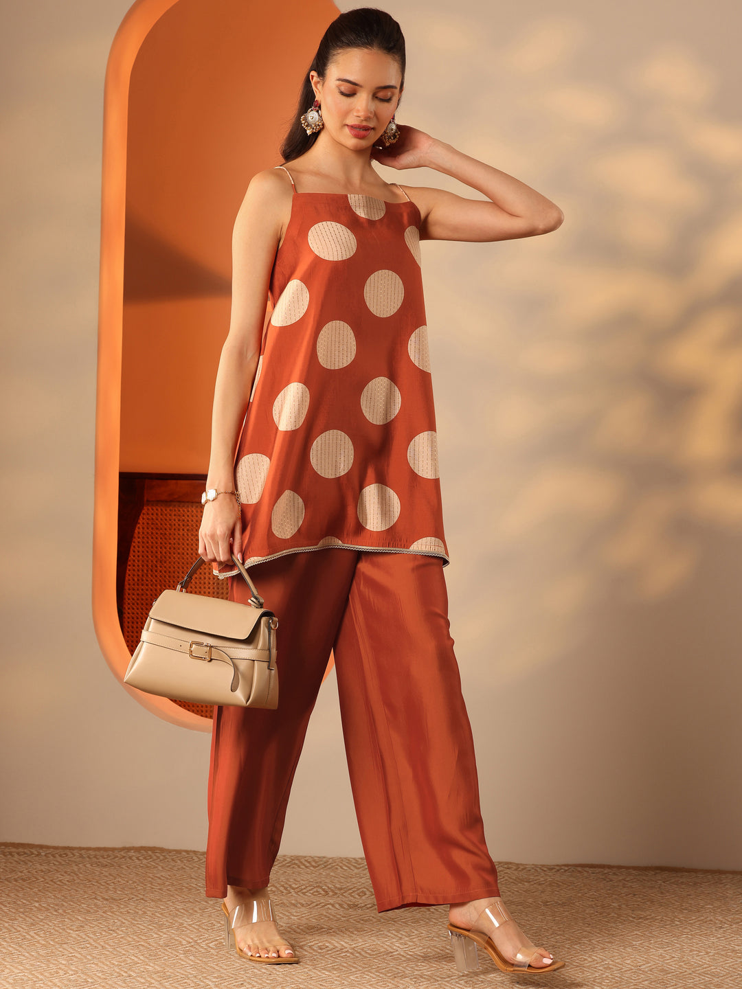 Rust Printed Silk Blend A-Line Kurta Set