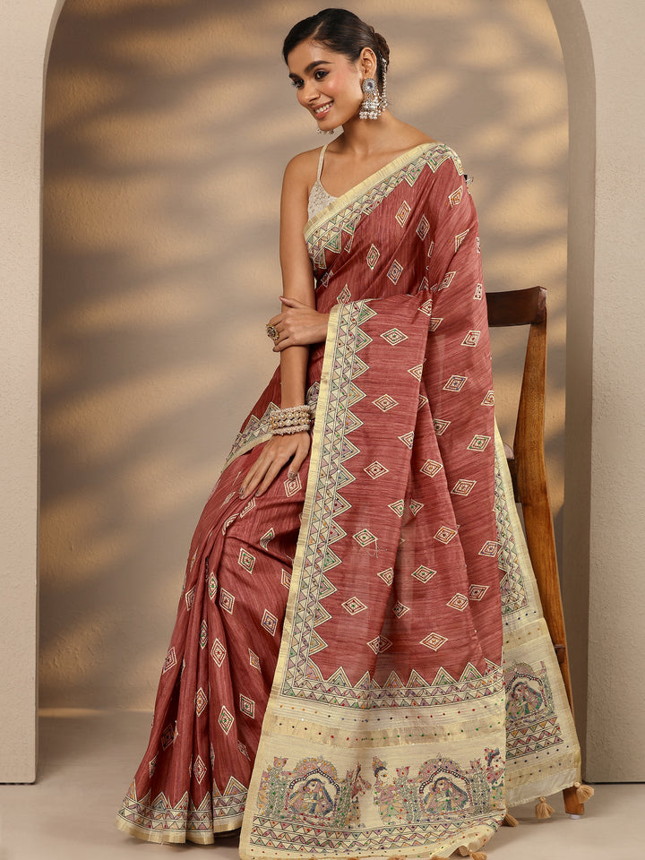 Rust Printed Silk Blend Saree With Unstitched Blouse Piece