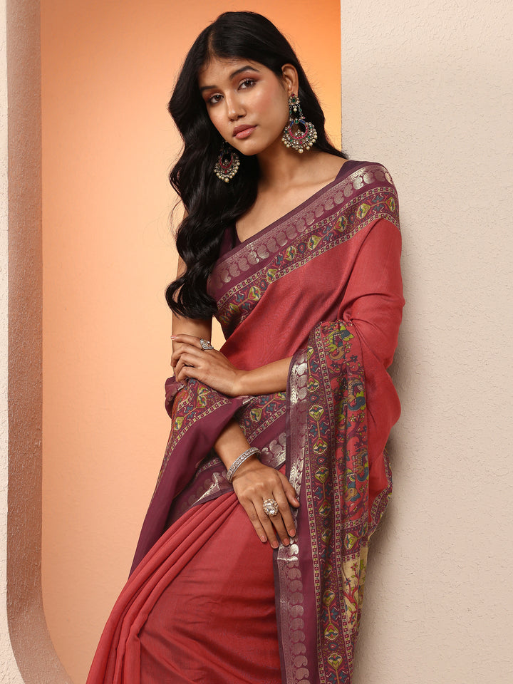 Rust Printed Silk Blend Saree With Unstitched Blouse Piece