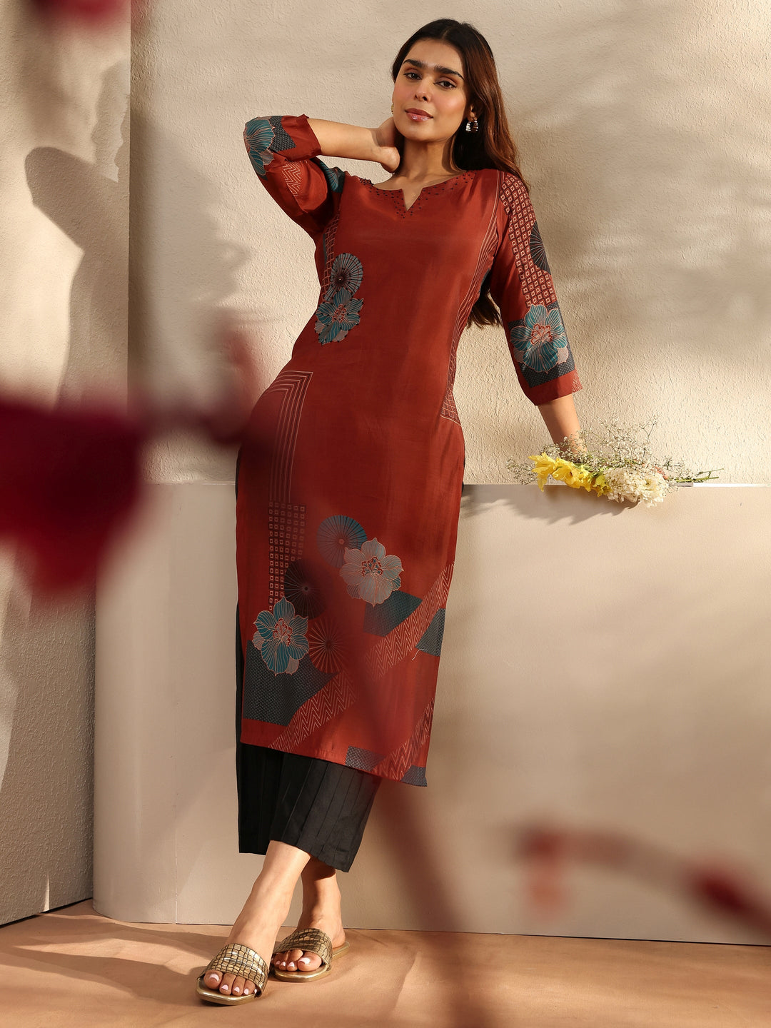 Rust Printed Silk Blend Straight Kurta