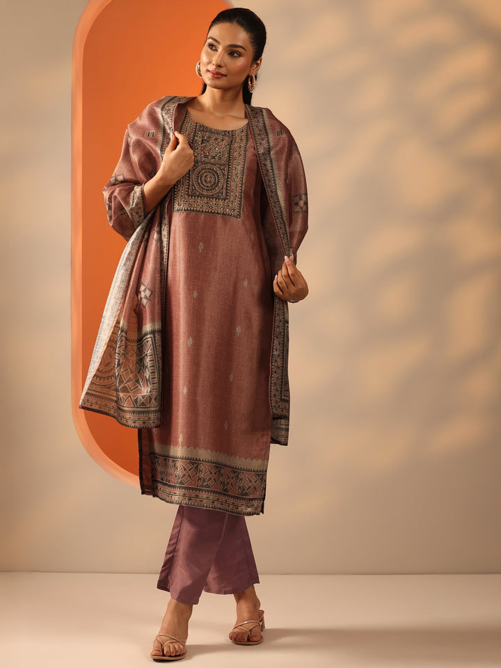 Rust Printed Silk blend Straight Suit Set With Dupatta