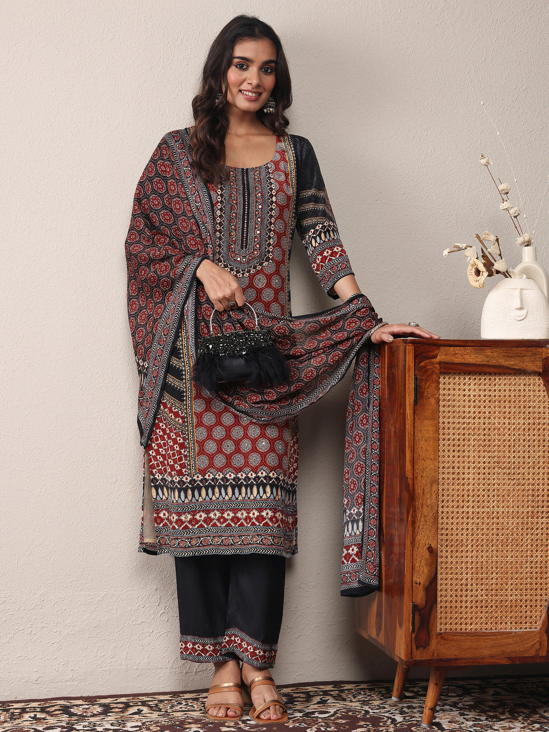 Rust Printed Silk Blend Straight Suit Set With Dupatta