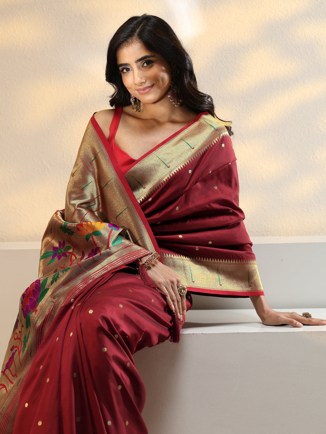 Rust Red Silk Blend Paithani Saree