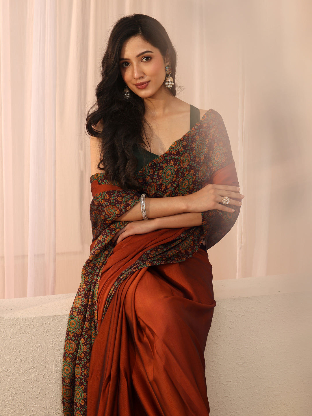 Rust Solid Chiffon Saree