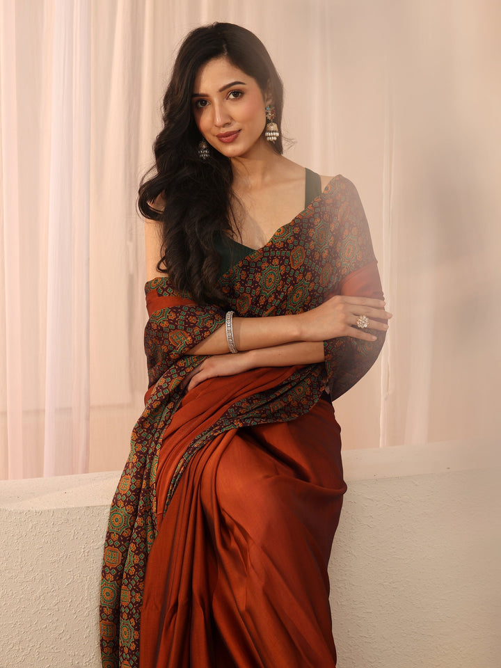 Libas Rust Chiffon Saree with Printed Border