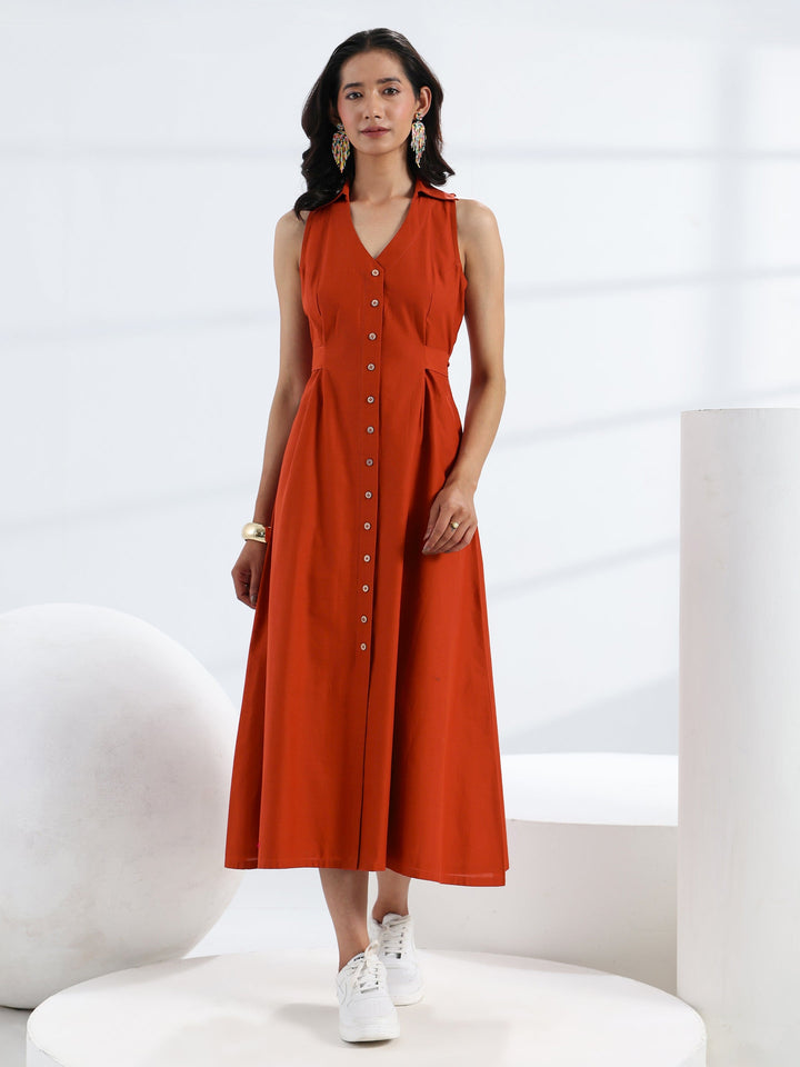 Rust Solid Cotton A-Line One Piece Dress