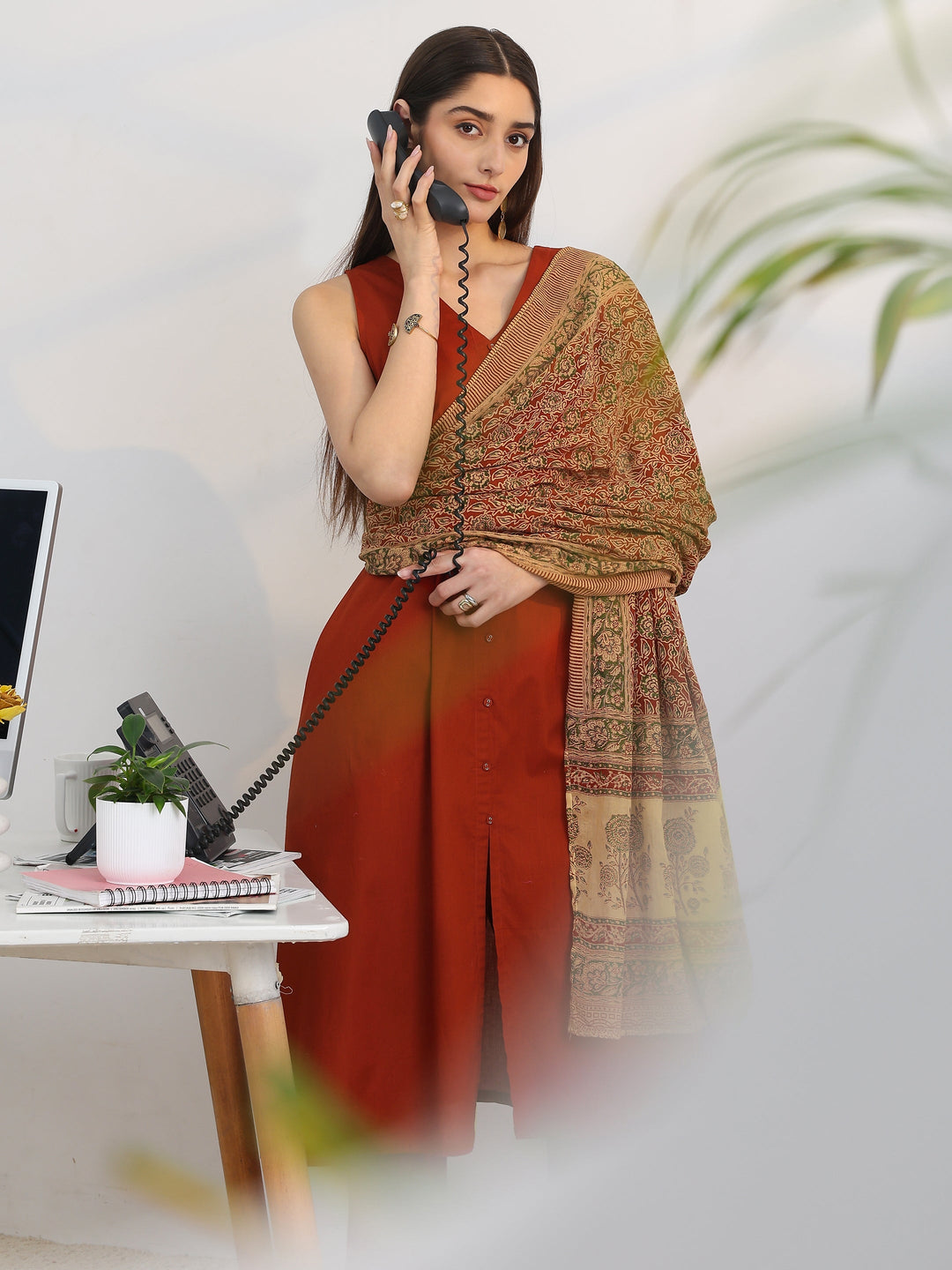 Rust Solid Cotton Blend A-Line Suit Set With Dupatta