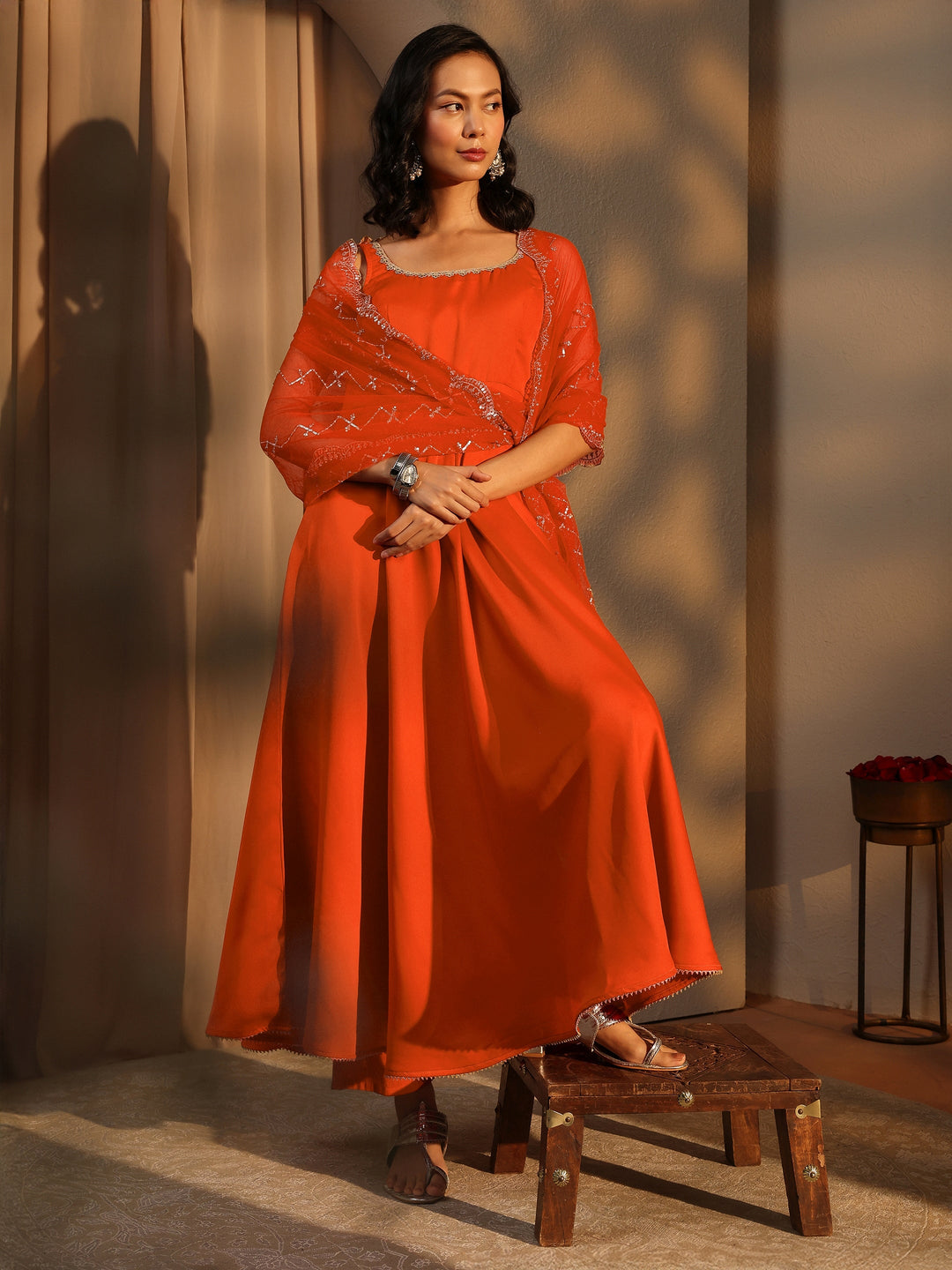 Rust Solid Satin A-Line Suit Set With Dupatta