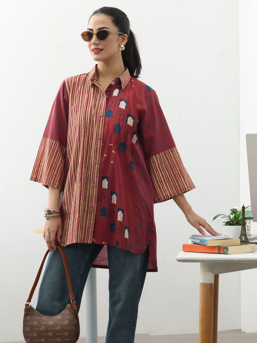 Gerua Rust Striped Printed Cotton Shirt