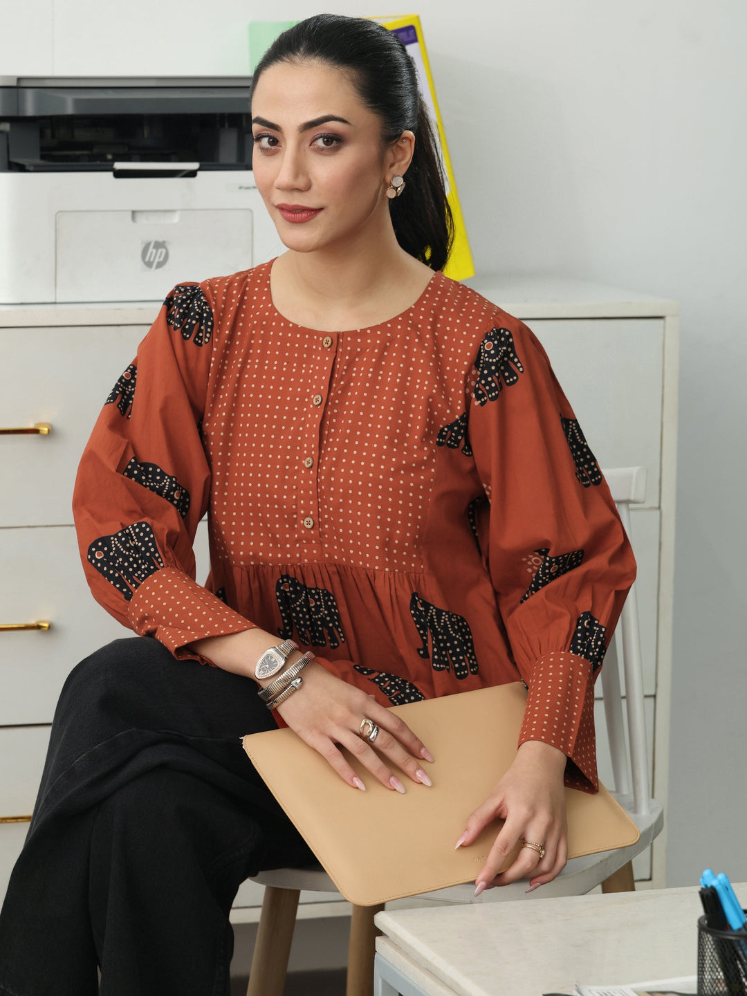Rust Tribal Printed Cotton Blend A-Line Short Kurti