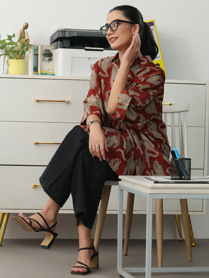 Power Move Red Quirky Print Cotton Blend Shirt