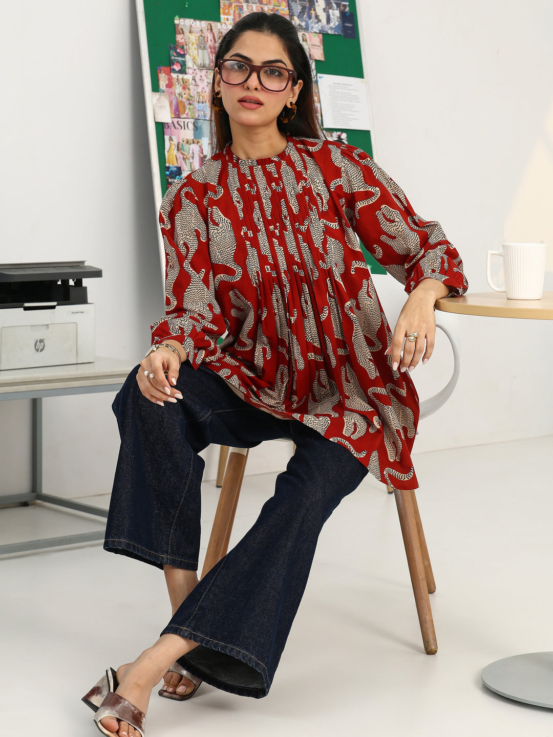 Rust Tribal Printed Cotton Blend Straight Short Kurti