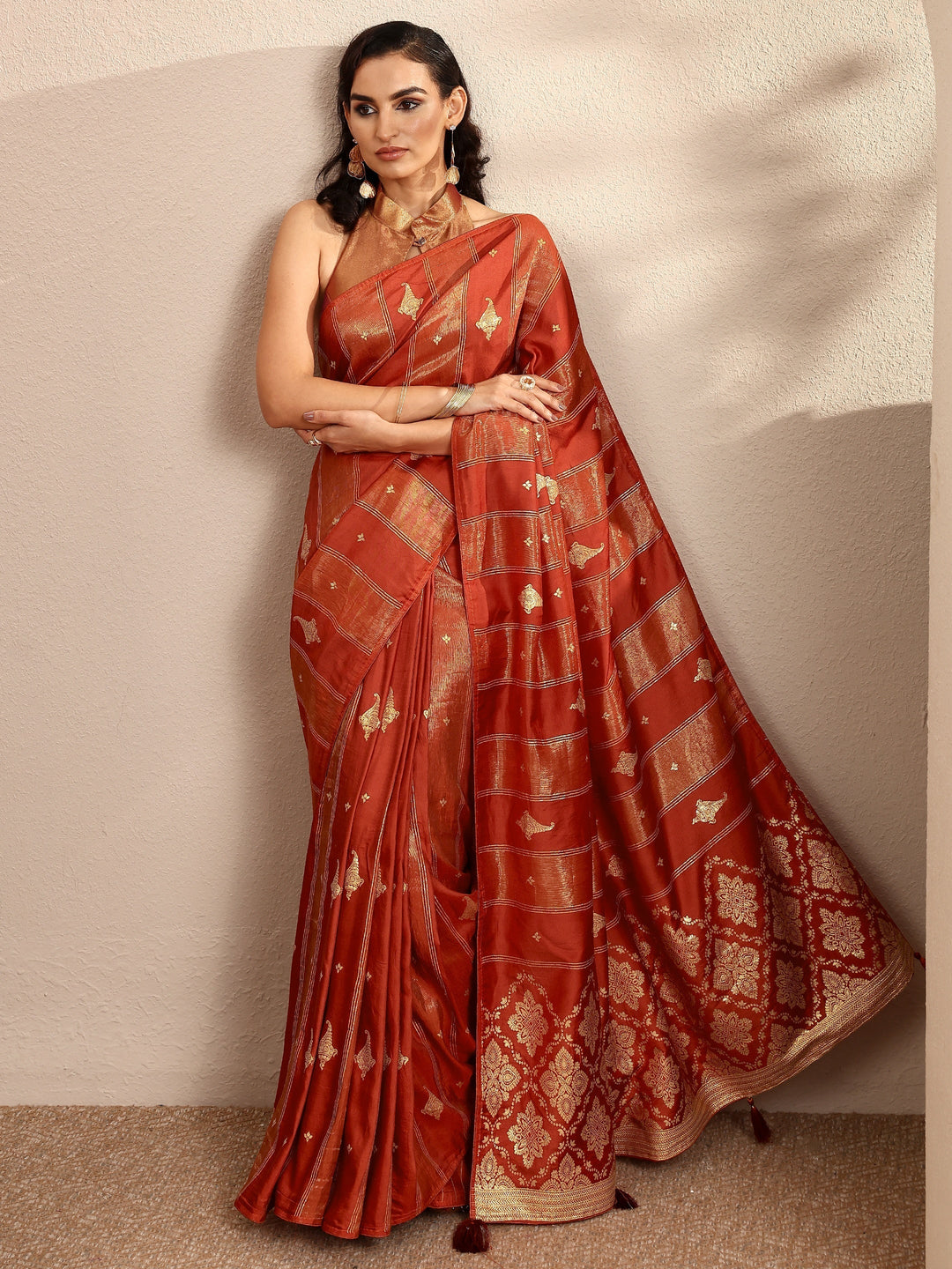Rust Woven Design Banarsi Silk Blend Saree With Unstitched Blouse Piece