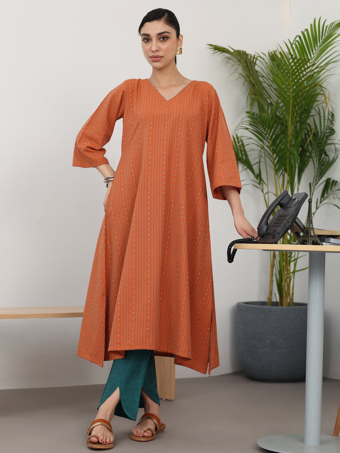 Rust Woven Design Cotton Blend A-Line Kurta Set