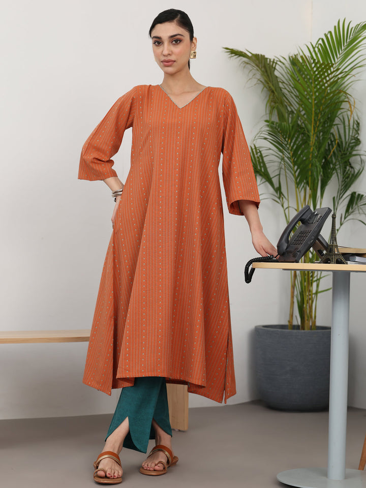 Rust Woven Design Cotton Blend A-Line Kurta Set