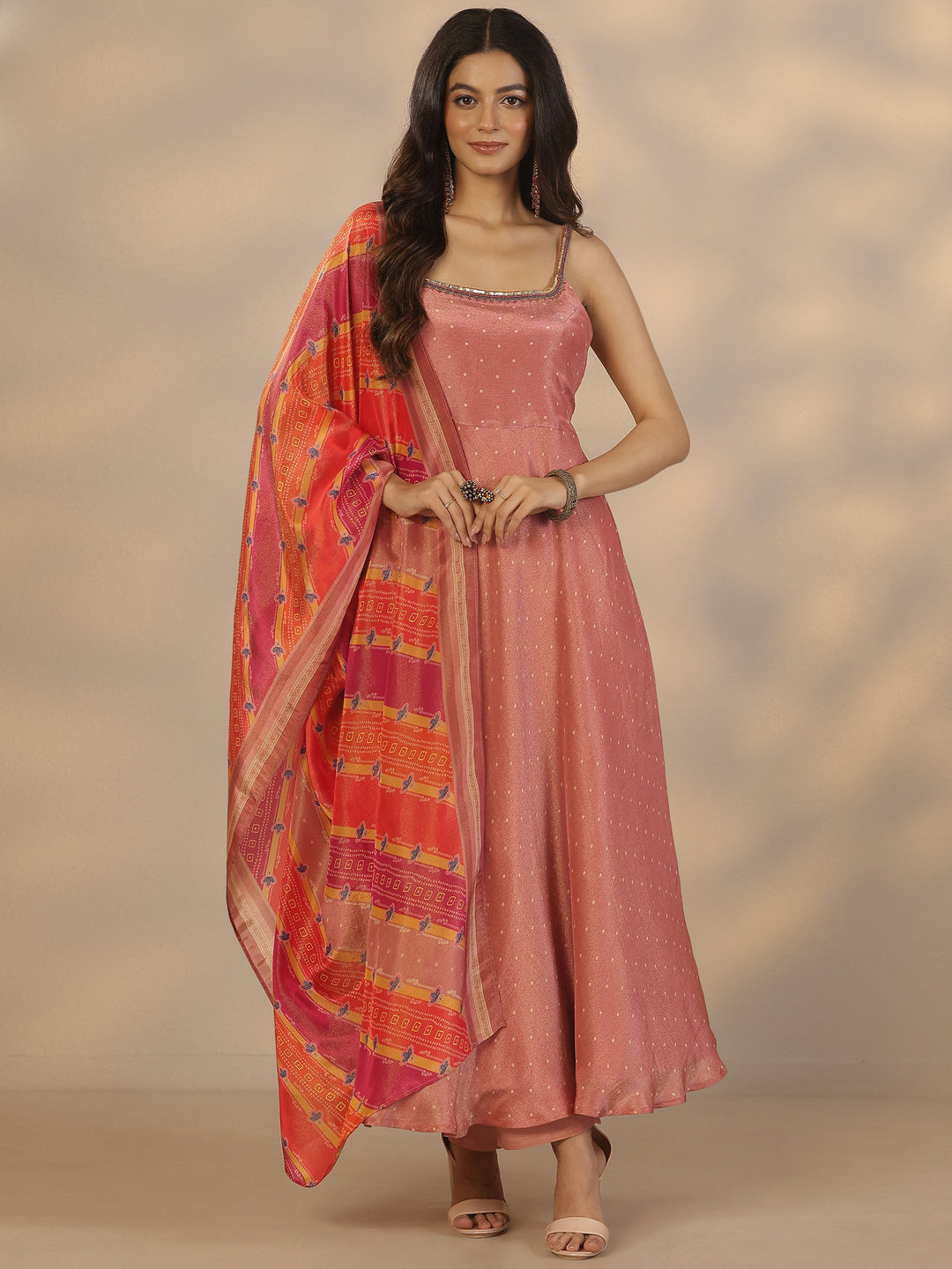 Rust Woven Design Silk Blend Anarkali Suit Set With Dupatta