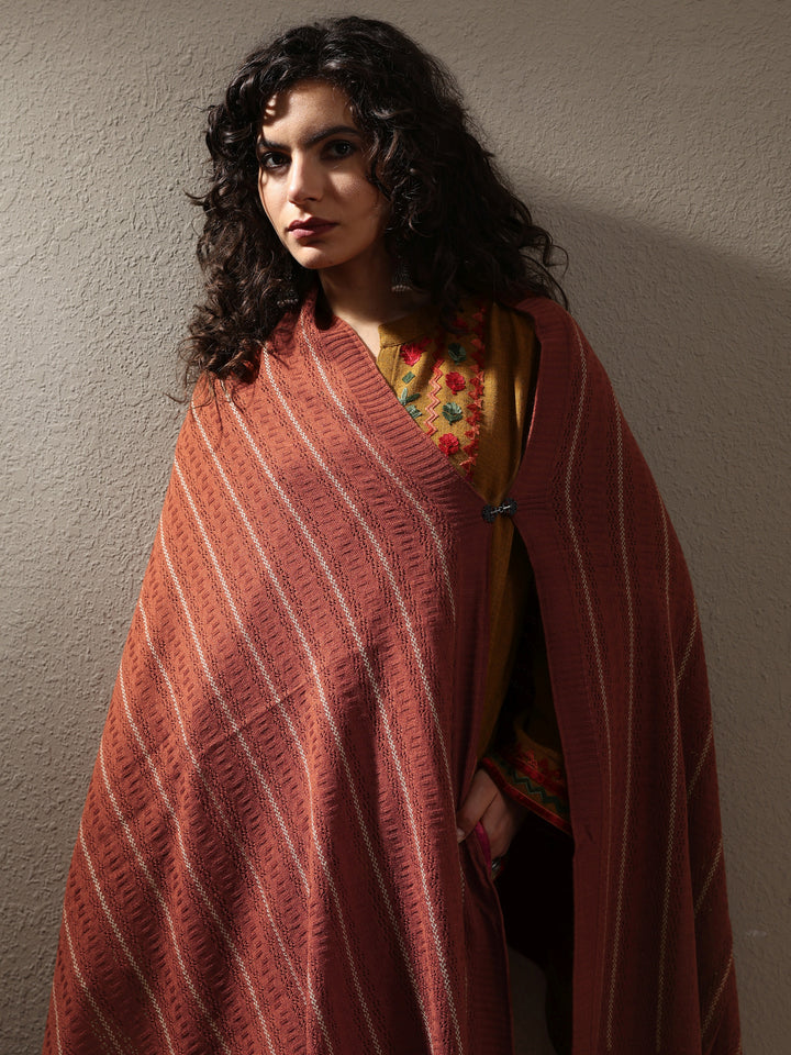 Rust Woven Design Wool Women's Shawl