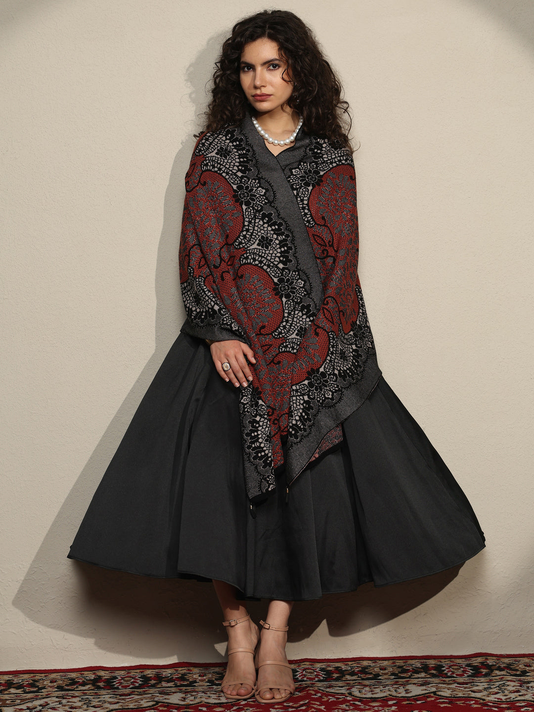 Rust Woven Design Wool Women's Shawl