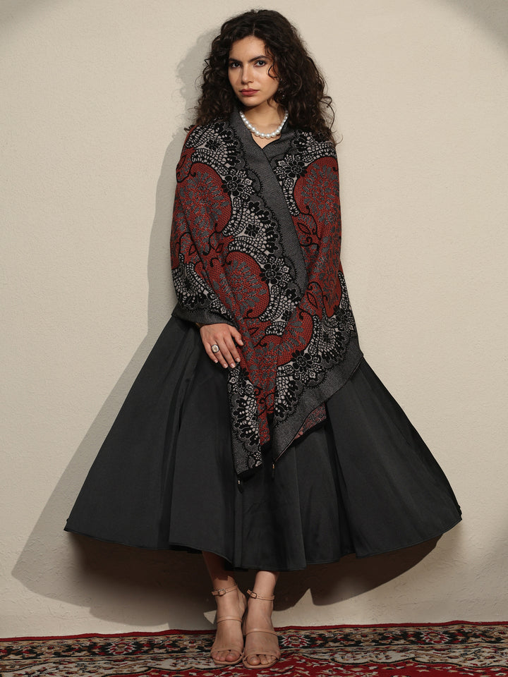 Rust Woven Design Wool Women's Shawl