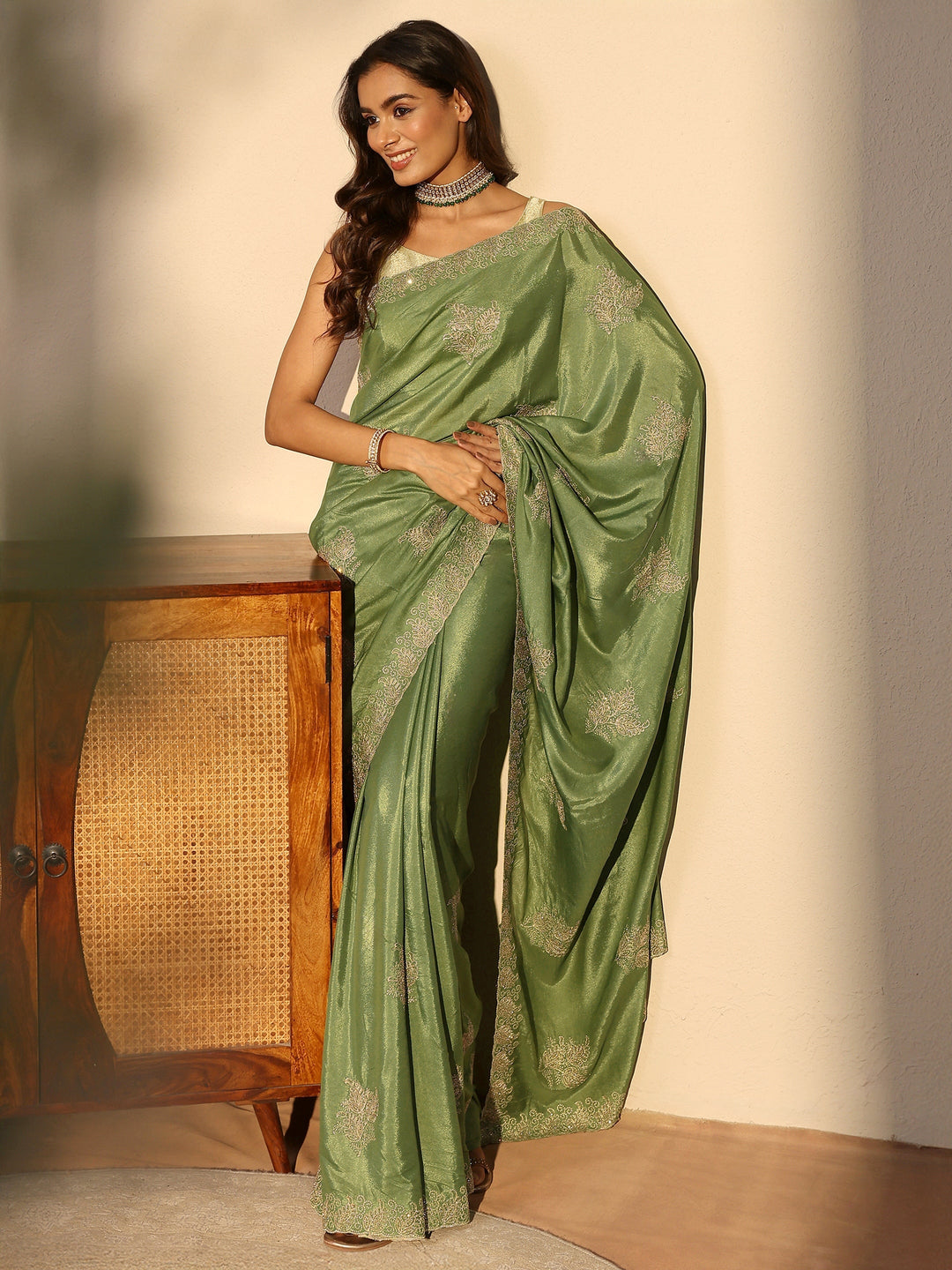 Sage Green Embellished Satin Saree