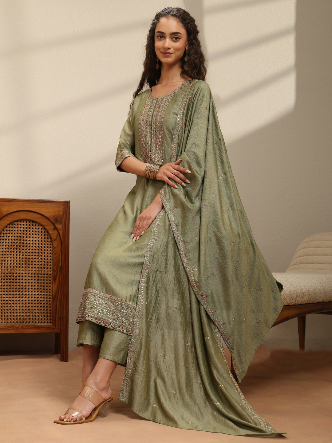 Sap Green Yoke Embellished Chanderi Silk Straight Suit Set