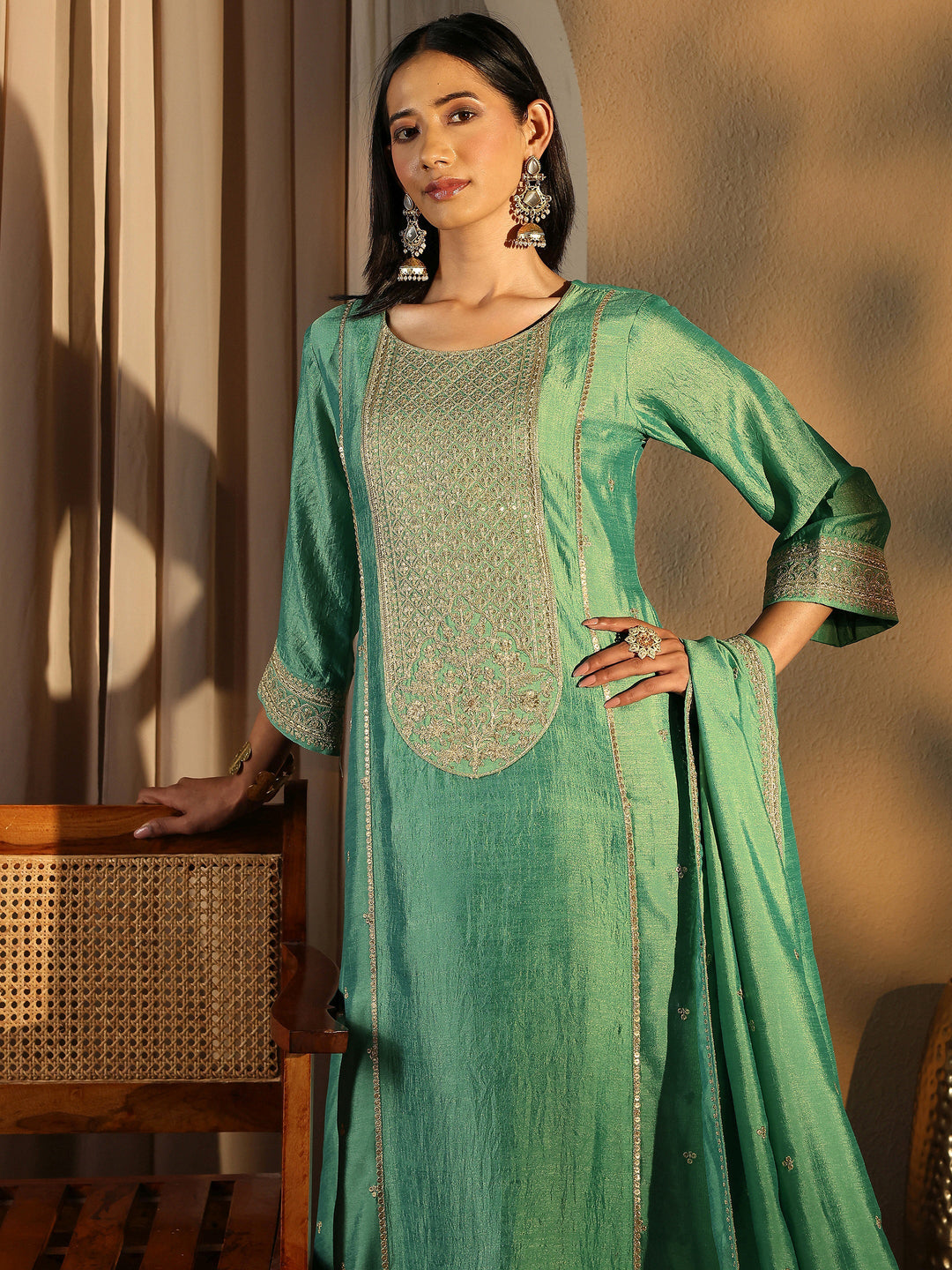 Sea Green Embroidered Silk Blend Straight Suit Set With Dupatta