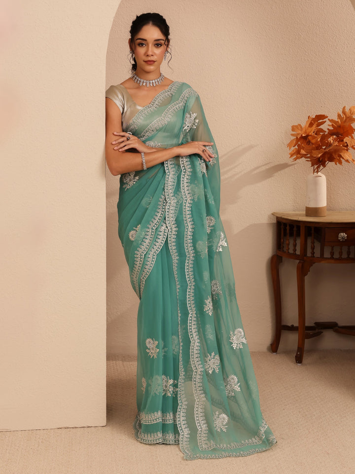 Libas Sea Green Floral Embellished Chiffon Saree