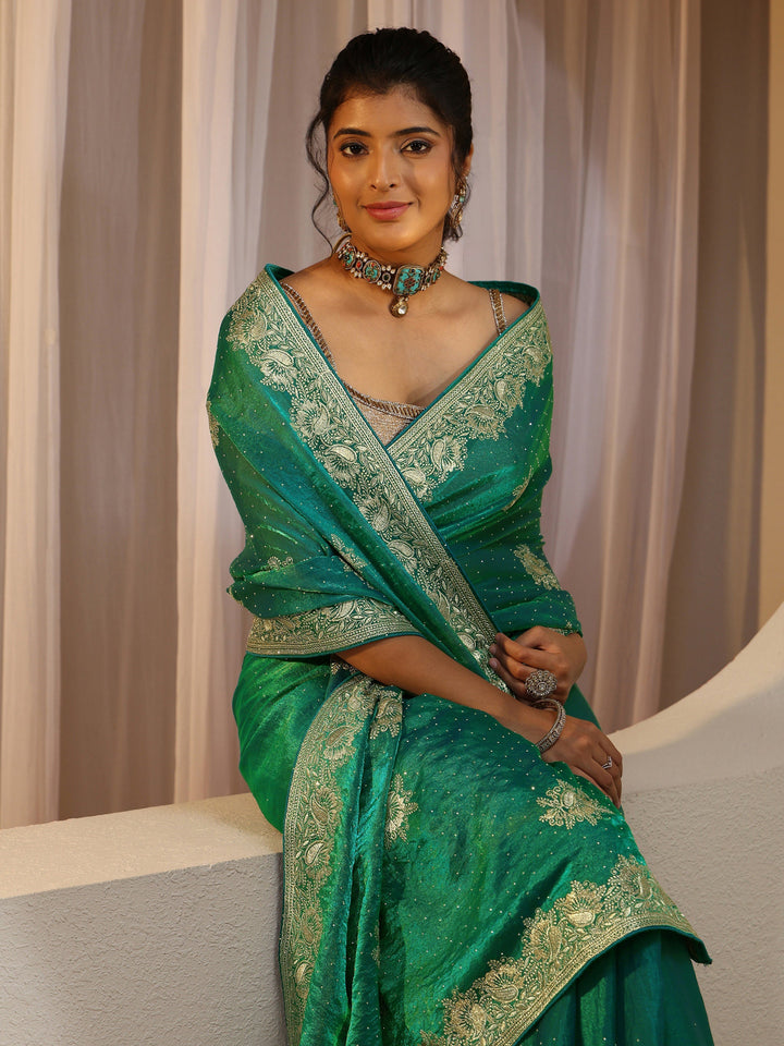Sea Green Floral Embroidered Tissue Saree