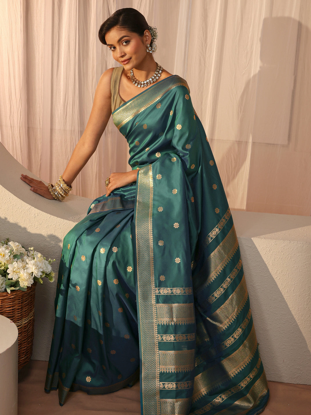 Sea Green Kanjeevaram Silk Blend Saree