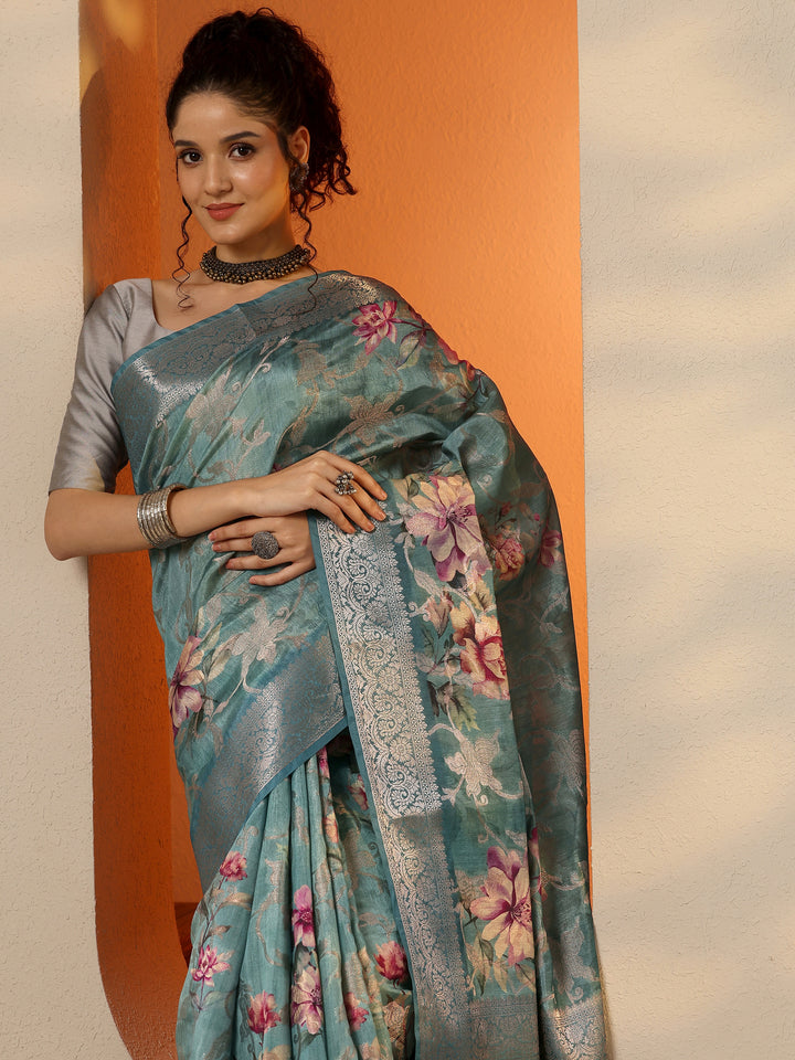 Sea Green Printed Silk Blend Saree With Unstitched Blouse Piece