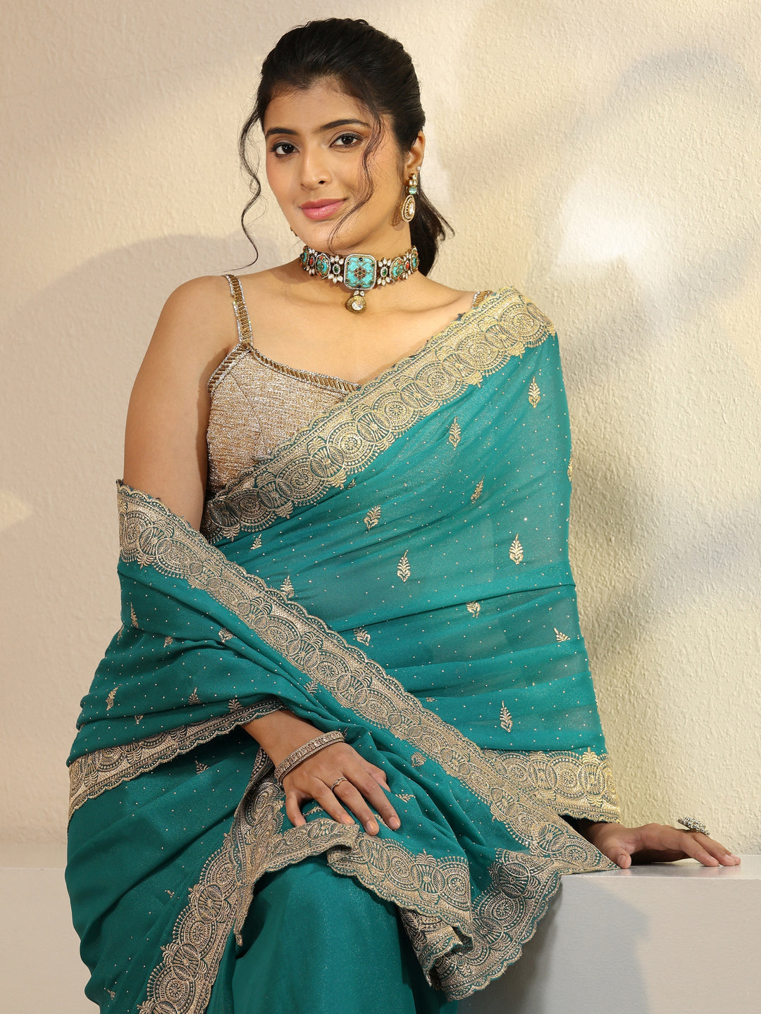 Sea Green Tissue Saree With Embellished Border