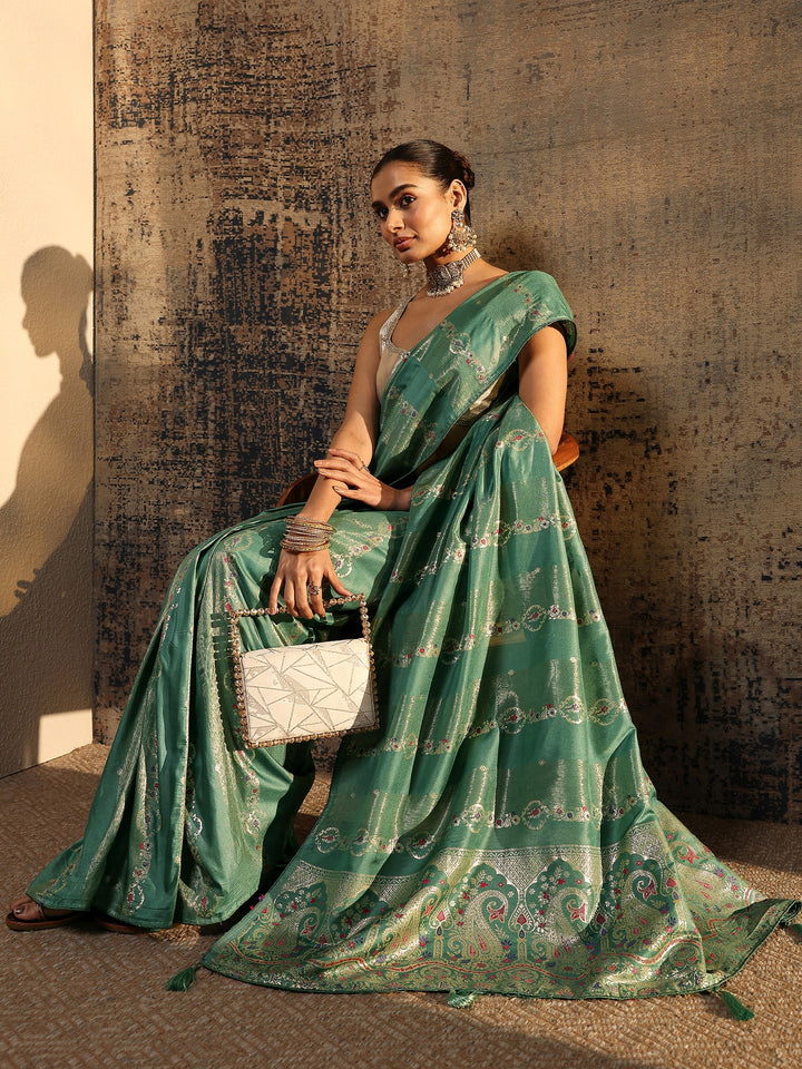 Sea Green Woven Design Silk Blend Saree With Unstitched Blouse Piece
