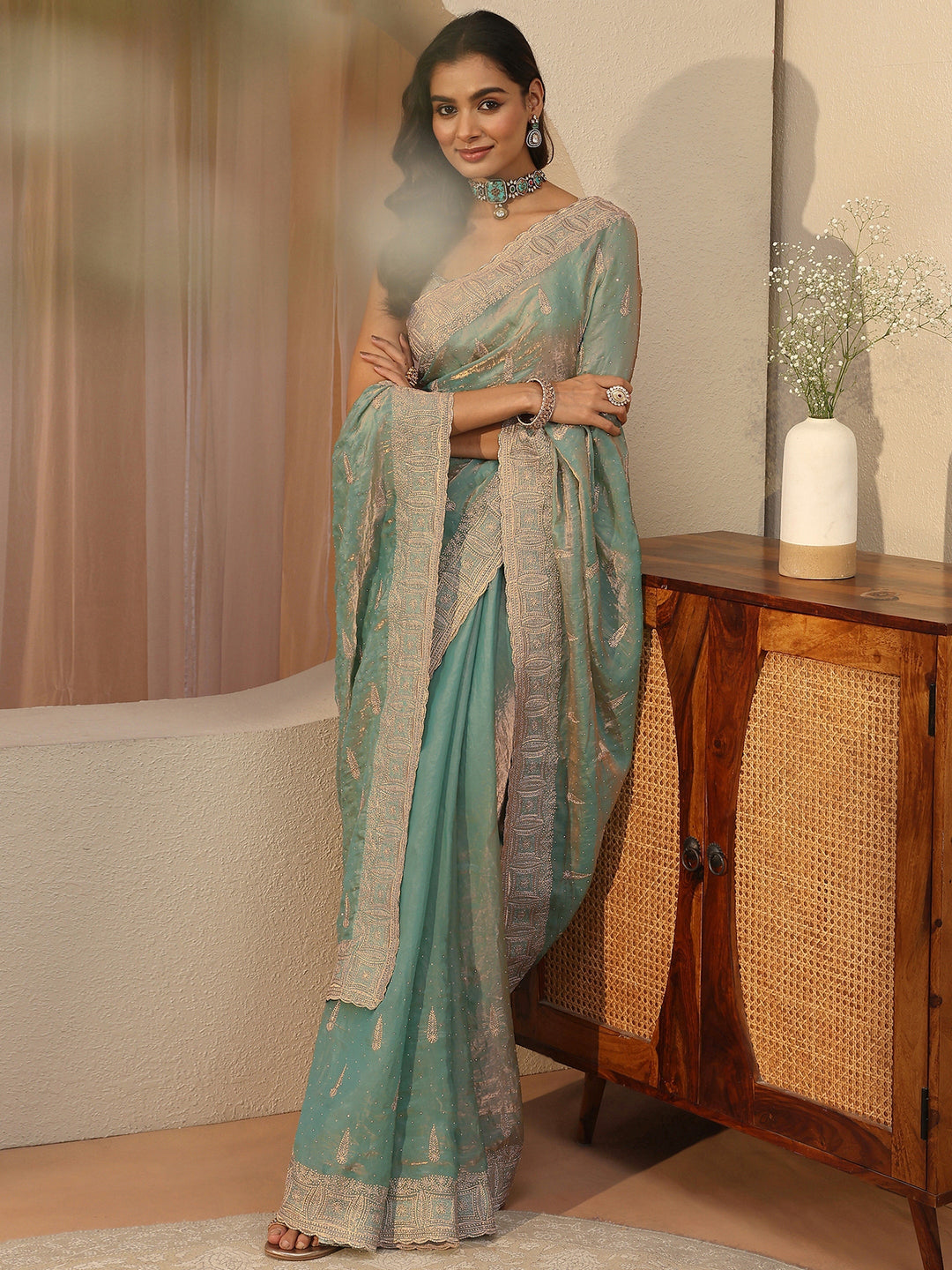 Seafoam Blue Ethnic Embellished Tissue Saree