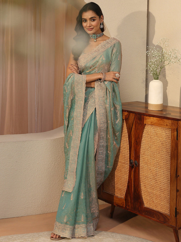Seafoam Blue Ethnic Embellished Tissue Saree